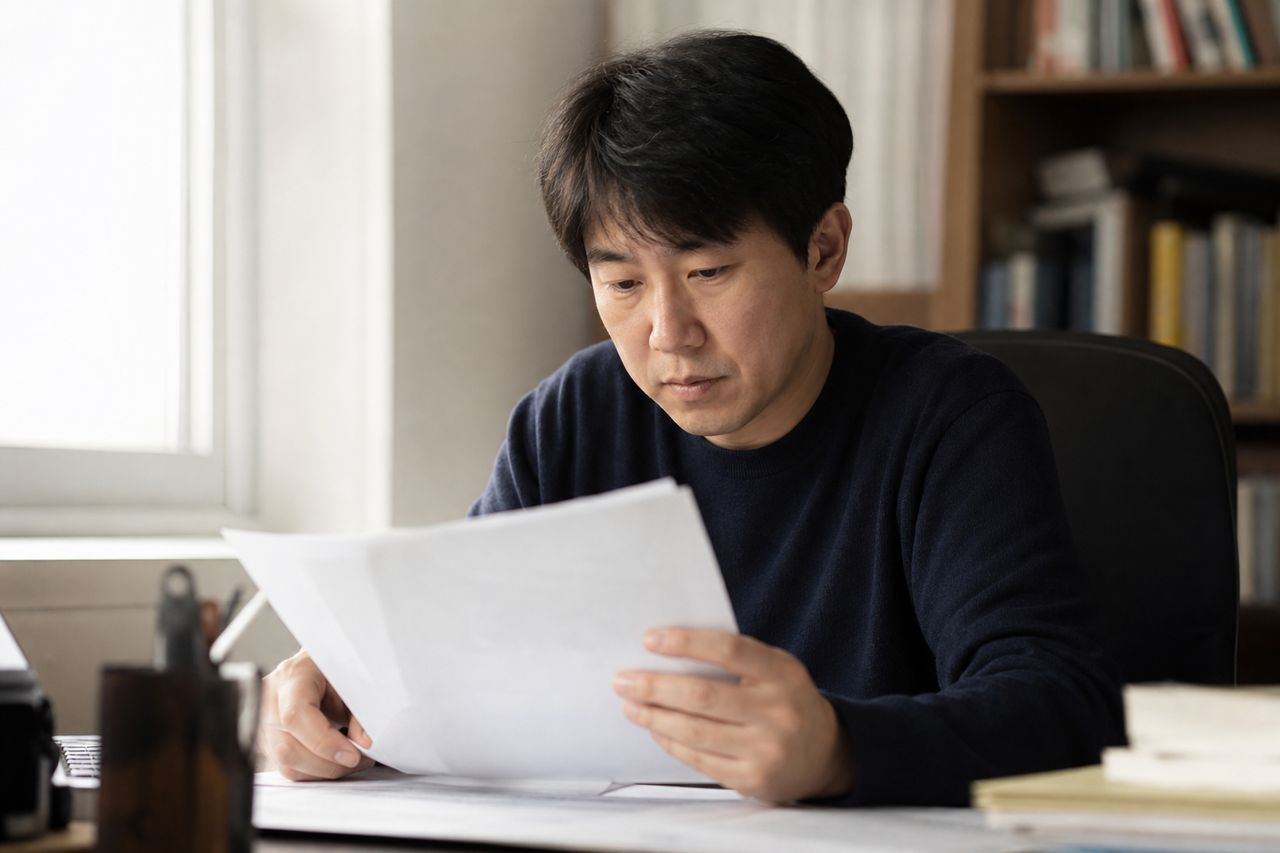 고현동 민간임대조합 부당이득반환청구소송 관련 상황을 보여주는 이미지 — 서류를 검토하는 모습
